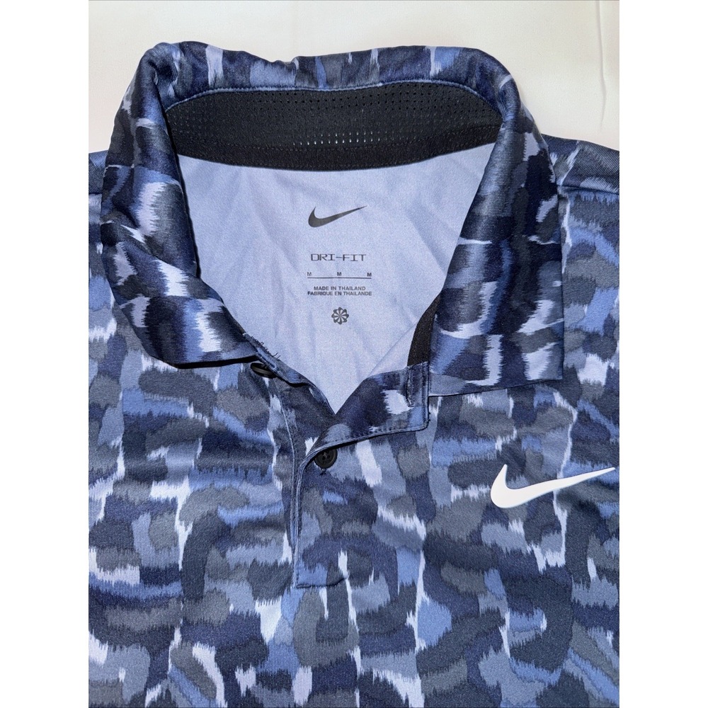 Nike Golf Polo Shirt Men's M Blue Camo Print LIMITED USE Front Back Swoosh